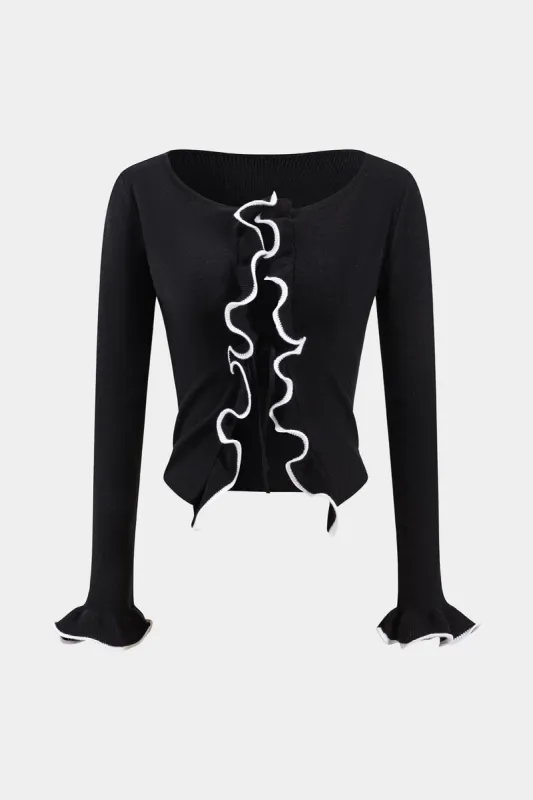 Knit Scallop Edge Tie Front Bell Sleeve Cardigan sold by Micas