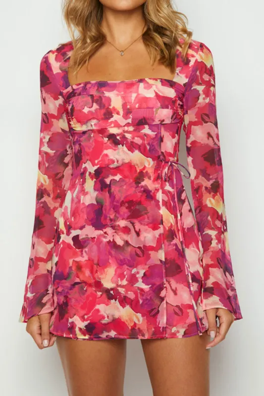 Floral Print Tie-Up Square Neck Long Sleeve Mini Dress sold by Micas