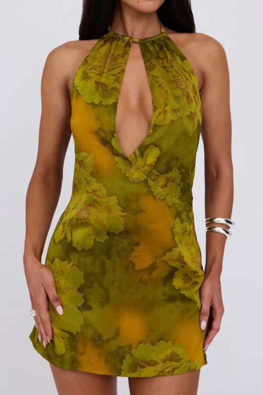 Floral Print Ruched Tie Backless Halter Neck Mini Dress sold by Micas