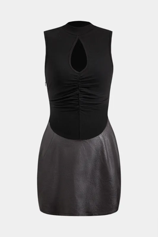 Faux Leather Patchwork Ruched Cut Out Sleeveless Mini Dress sold by Micas