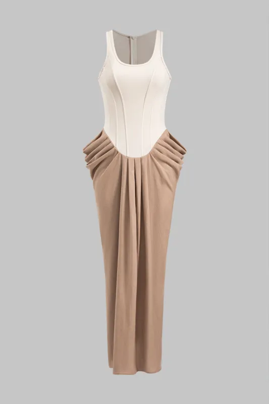 Linen Patchwork Ruched Zipper Corset Sleeveless Maxi Dress sold by Micas