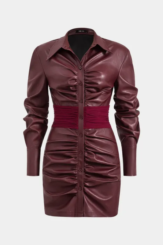 Faux Leather Mesh Button Patchwork Long Sleeve Mini Dress sold by Micas