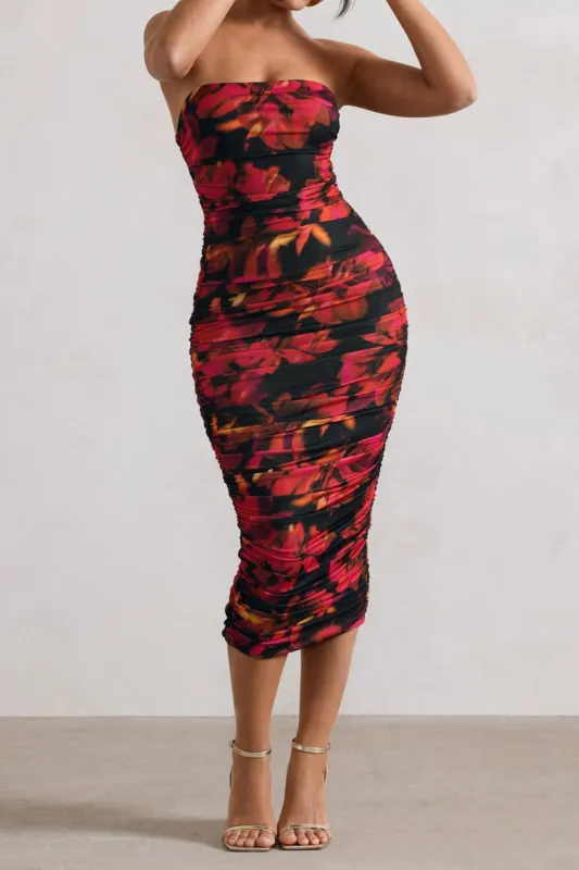 Floral Print Ruched Zipper Slit Strapless Midi Dress sold by Micas