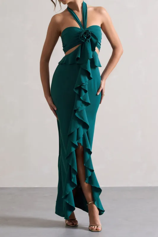 3D Flower Ruched Zipper Halter Neck Maxi Dress sold by Micas
