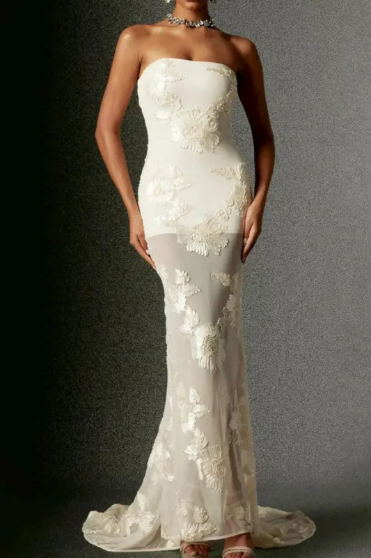 3D Floral Embroidery Strapless Maxi Dress sold by Micas