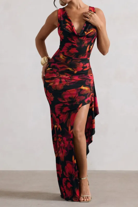 Floral Print Ruched V-Neck Tie Back Backless Slit Maxi Dress sold by Micas