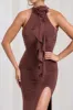 3D Flower Ruched Zipper Halter Neck Slit Maxi Dress sold by Micas