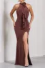 3D Flower Ruched Zipper Halter Neck Slit Maxi Dress sold by Micas