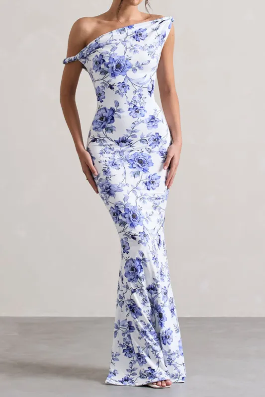 Floral Print Ruched Asymmetry Neck Slip Maxi Dress sold by Micas