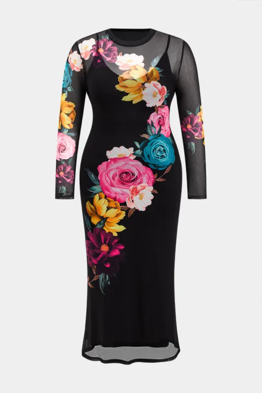 Plus størrelse blomsterprint mesh rund hals langærmet maxi kjole sold by Micas