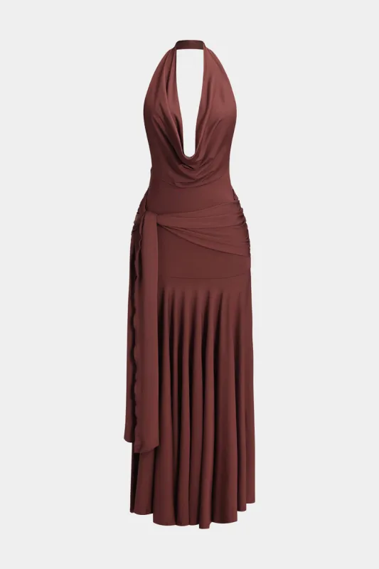 Ruched Strappy Halter Neck Backless Cowl Neck Maxi Dress sold by Micas