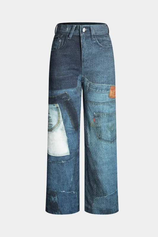 Retro print denim lappet lappetework brede ben bukser sold by Micas