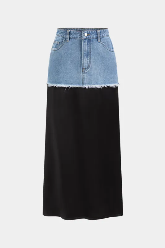 Denim Satin Patchwork Button Pocket Zipper Skirt sold by Micas
