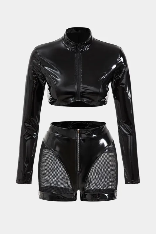 Faux læder lynlås langærmet top og patchwork shorts sæt sold by Micas