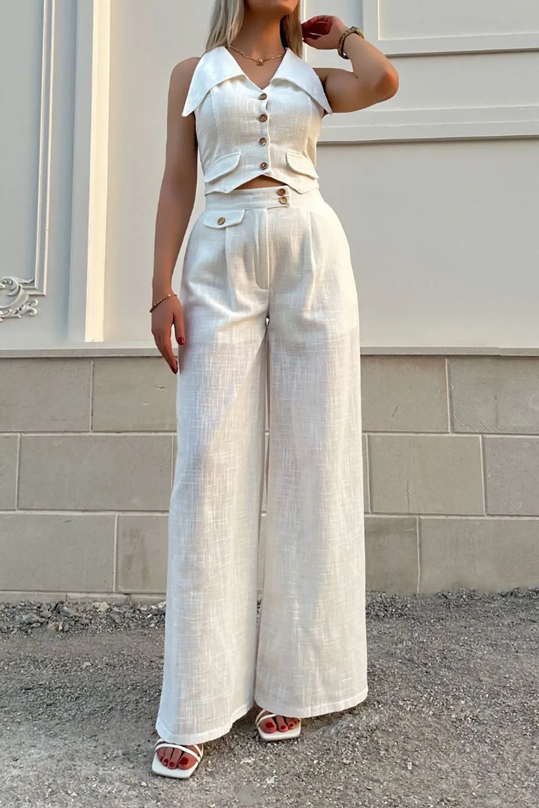 Linneknap lomme ærmeløs tank top og bukser sæt sold by Micas