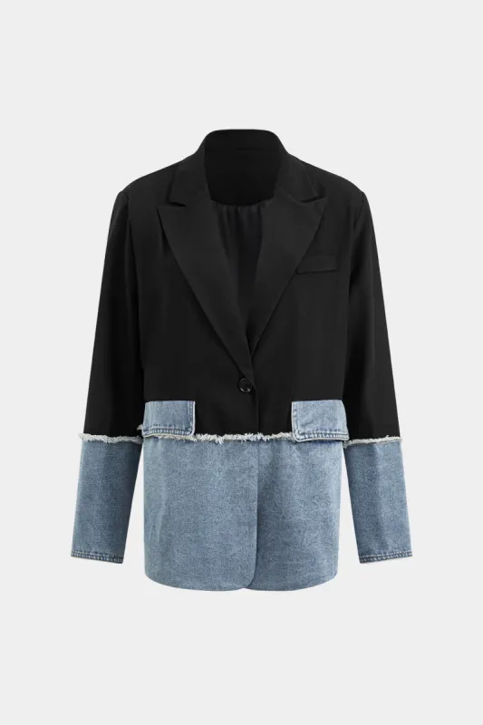Denim Patchwork Pocket Button Notched Lapel Blazer sold by Micas