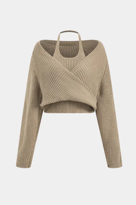 Knitted Crossed Halter Neck Long-Sleeve Top sold by Micas