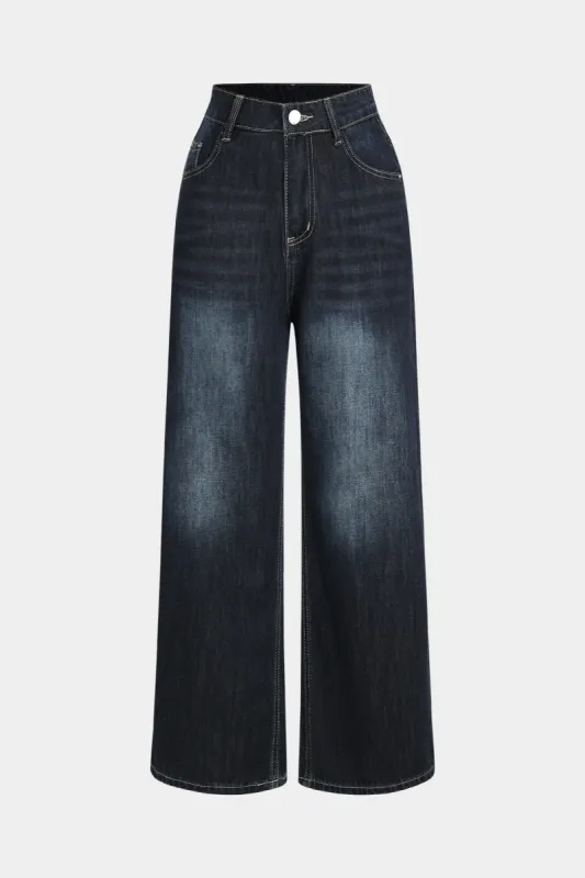 Denim Button Pocket Wide Leg Jeans sold by Micas