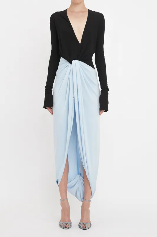 Patchwork V-Neck Long Sleeve Midi Dress made by Micas