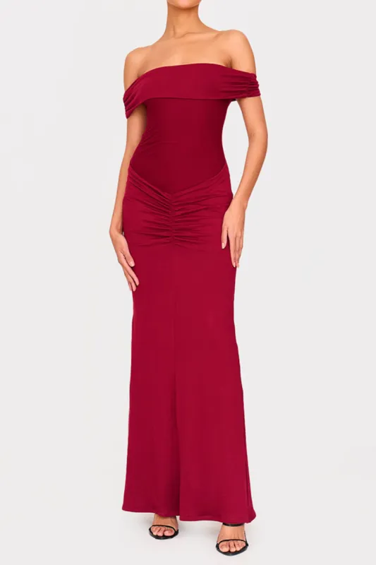 Ruched Off Shoulder Sleeveless Maxi Dress sold by Micas