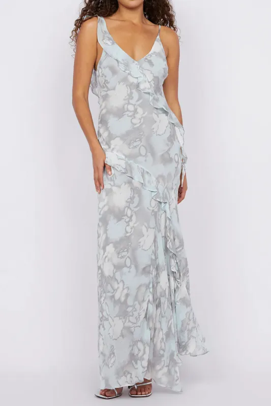 Floral Print Ruffle V-Neck Slit Maxi Dress sold by Micas