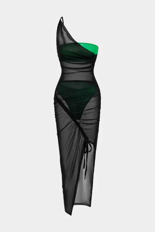 Ruched Sheer Patchwork One Shoulder Rackless Slip Maxi Dress sold by Micas