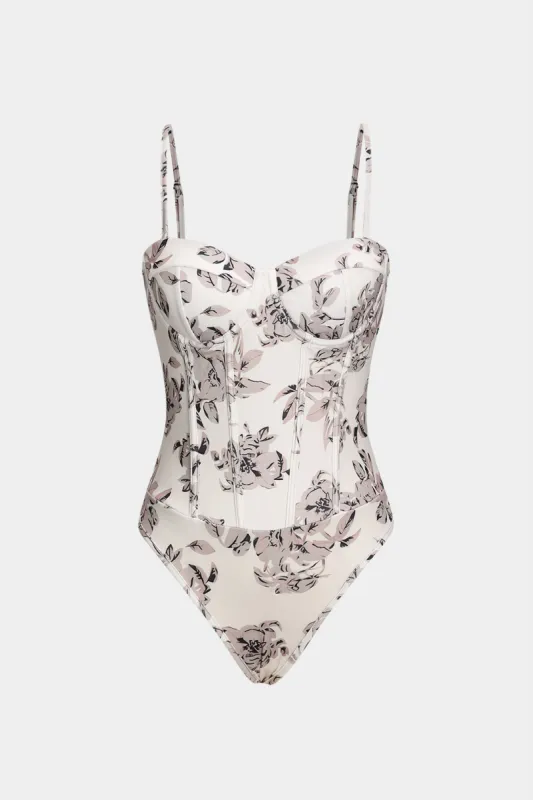 Retro Floral Print Corset Bustier Slip Bodysuit sold by Micas