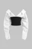 Ruched V-hals patchwork langærmet top sold by Micas