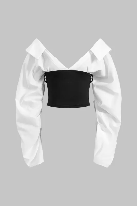 Ruched V-hals patchwork langærmet top sold by Micas