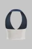 Denim lynlås rygfri halter halstank top og plisserede patchwork bukser sæt sold by Micas