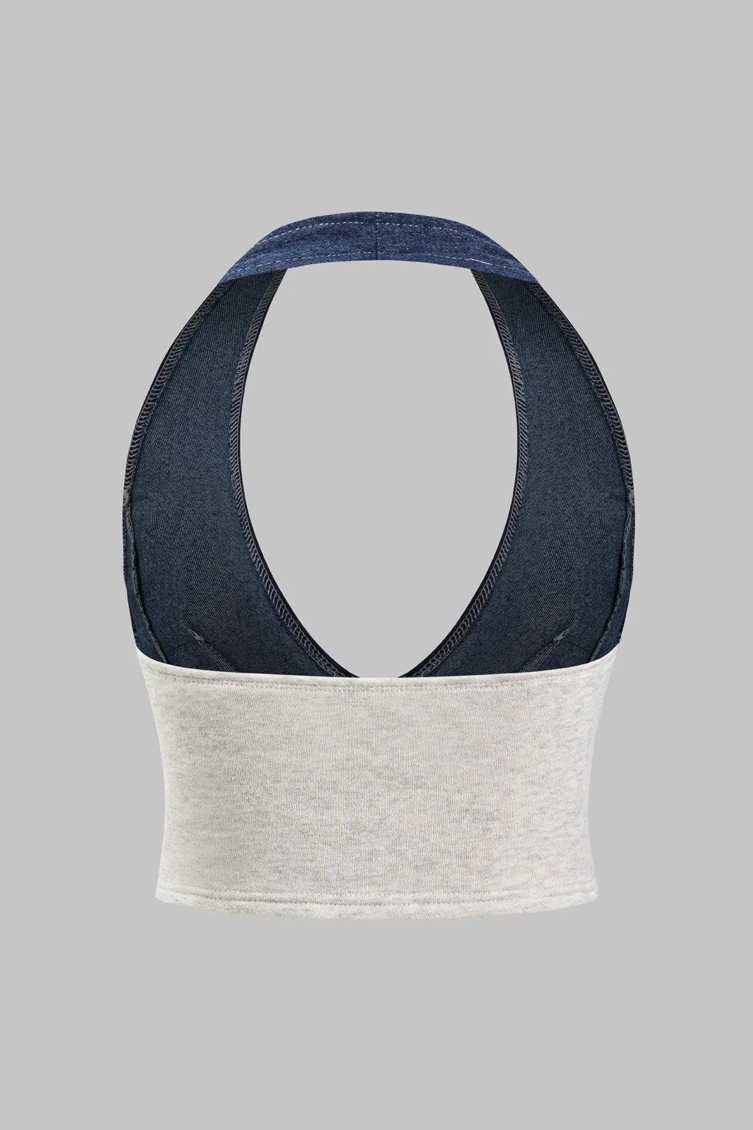Denim lynlås rygfri halter halstank top og plisserede patchwork bukser sæt sold by Micas product image thumbnail 3