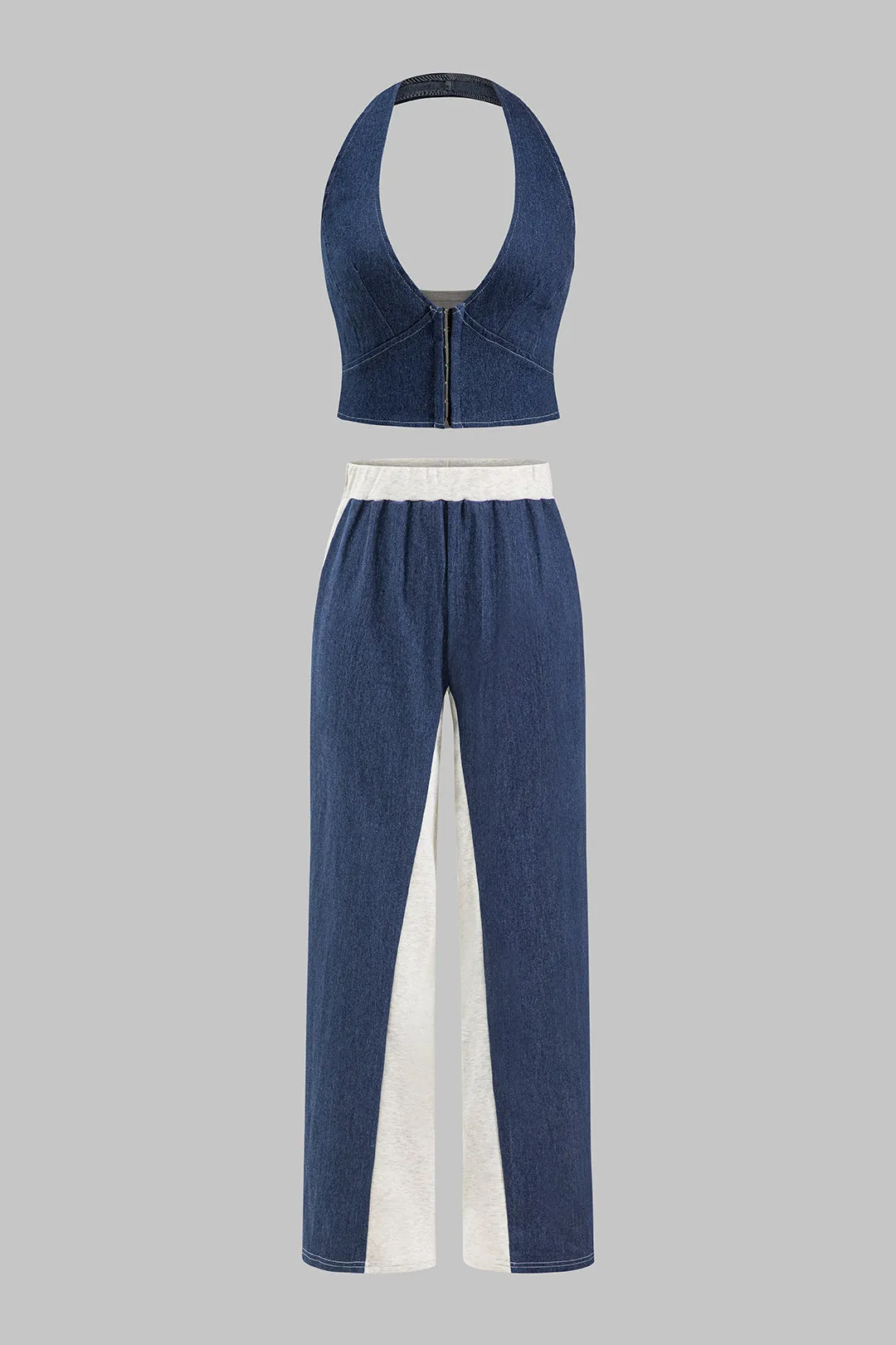 Denim lynlås rygfri halter halstank top og plisserede patchwork bukser sæt sold by Micas