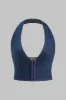 Denim lynlås rygfri halter halstank top og plisserede patchwork bukser sæt sold by Micas