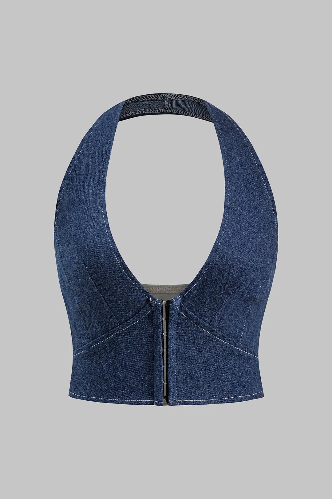 Denim lynlås rygfri halter halstank top og plisserede patchwork bukser sæt sold by Micas product image thumbnail 2