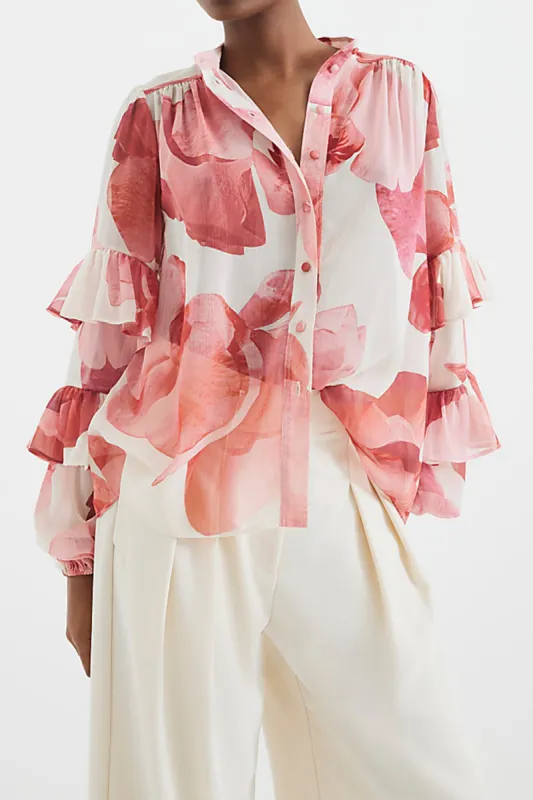 Floral Print Ruffle Ruched Button Long-Sleeve Shirt sold by Micas