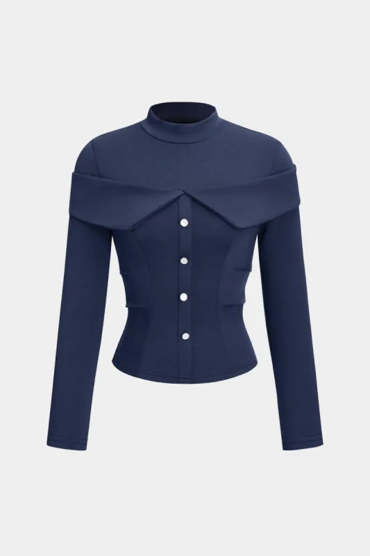 Ruched Button Mock Neck Long-Sleeve Top sold by Micas