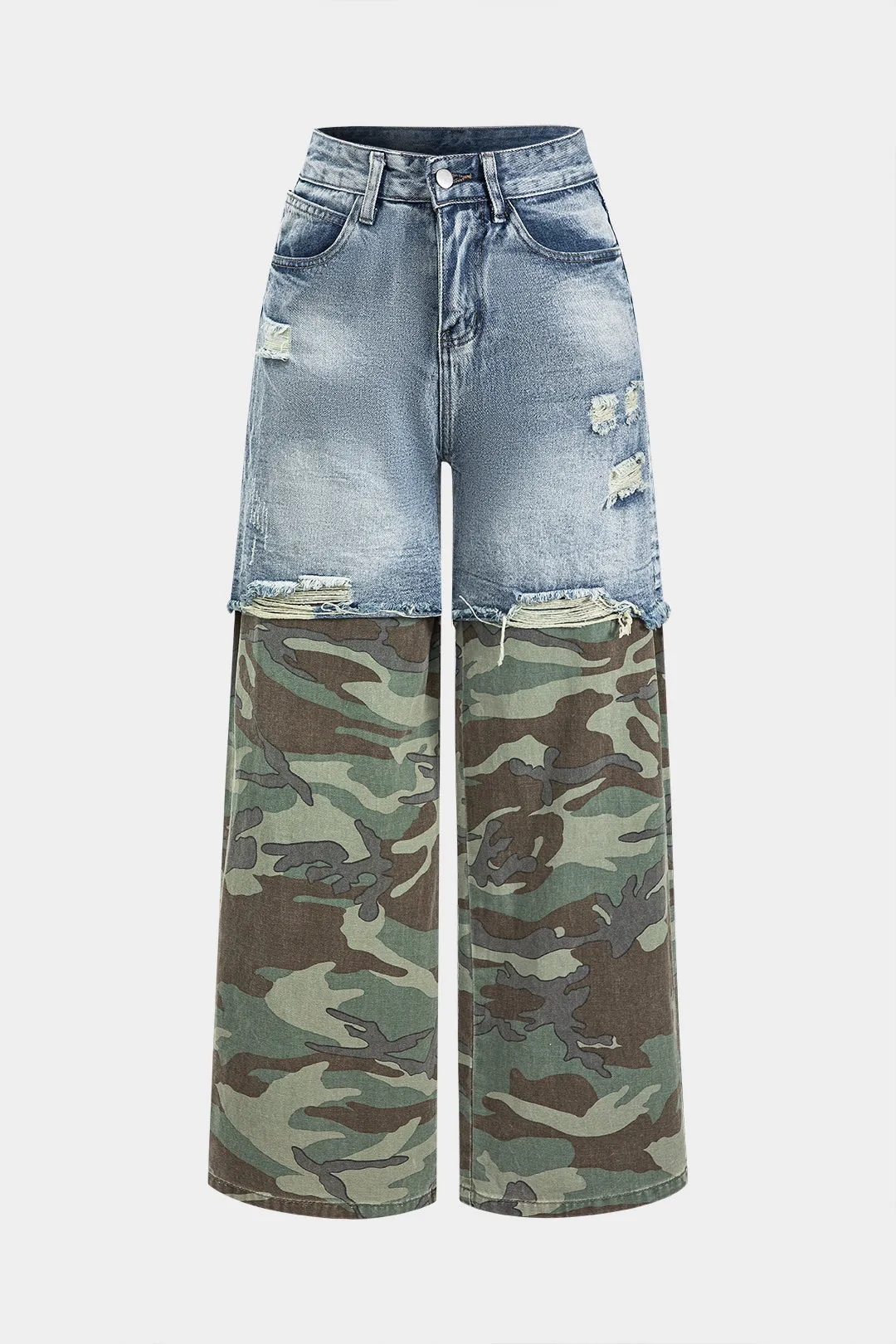 Camo print denim patchwork knap lomme jeans sold by Micas