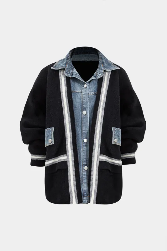 Knit Button Patchwork Denim Long Sleeve Cardigan sold by Micas
