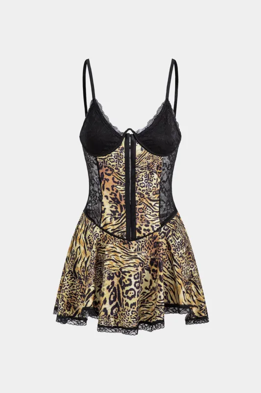 Leopard Print Lace Patchwork Backless Slip Mini Dress sold by Micas