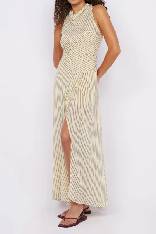 Stripe Ruched Halter Neck Slit Sleeveless Midi Dress sold by Micas