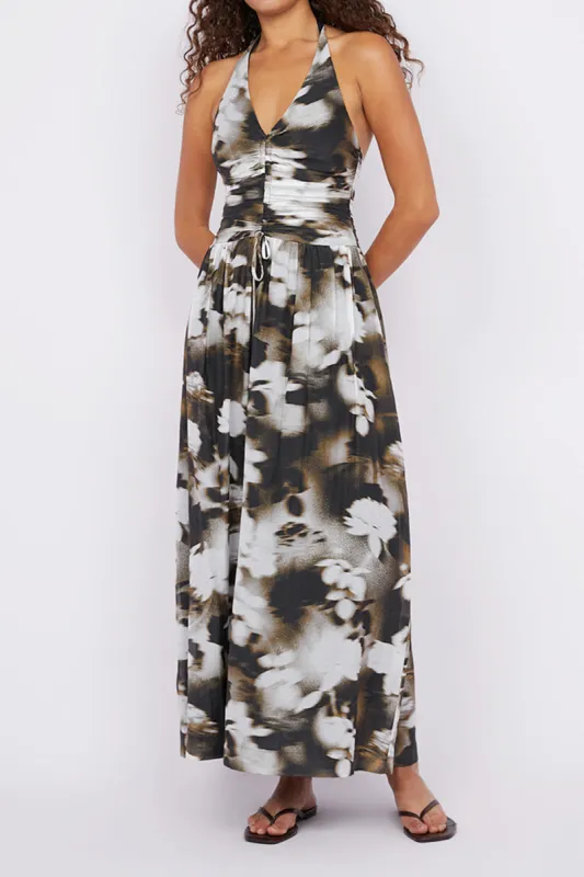 Floral Print Drawstring Ruched Halter Neck Zipper Backless Sleeveless Maxi Dress sold by Micas