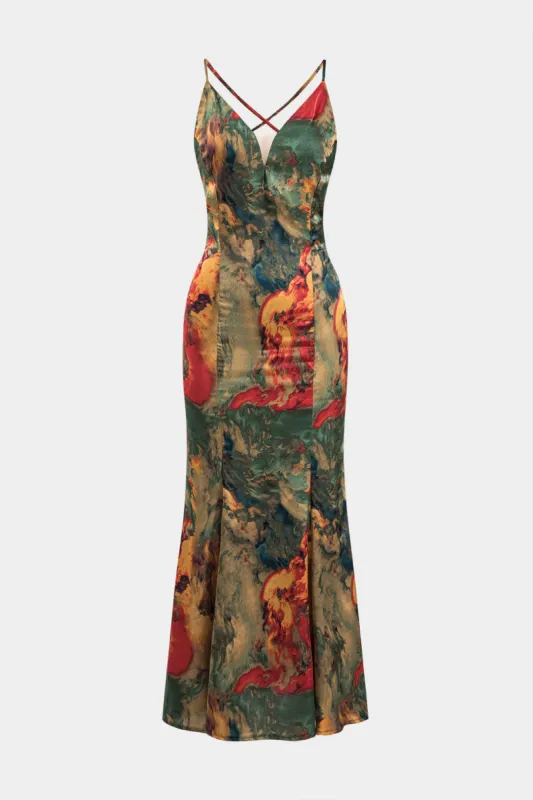 Akvarelprint satin rygfri slips back slip maxi kjole sold by Micas