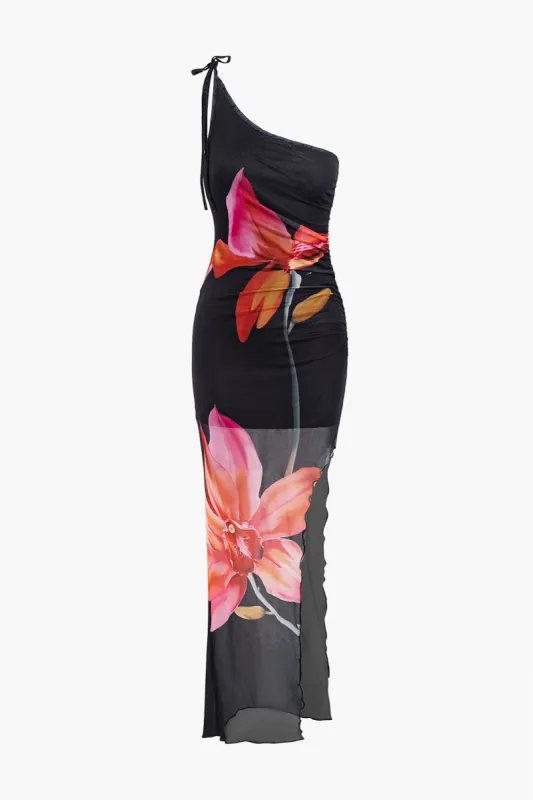 Floral Print Mesh Sheer Tie Up Slip Slit Maxi Dress sold by Micas