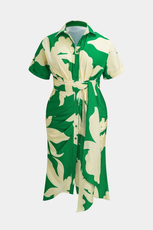 Plus Size Floral Print Tie Front Button Short Sleeve Midi Dress sold by Micas