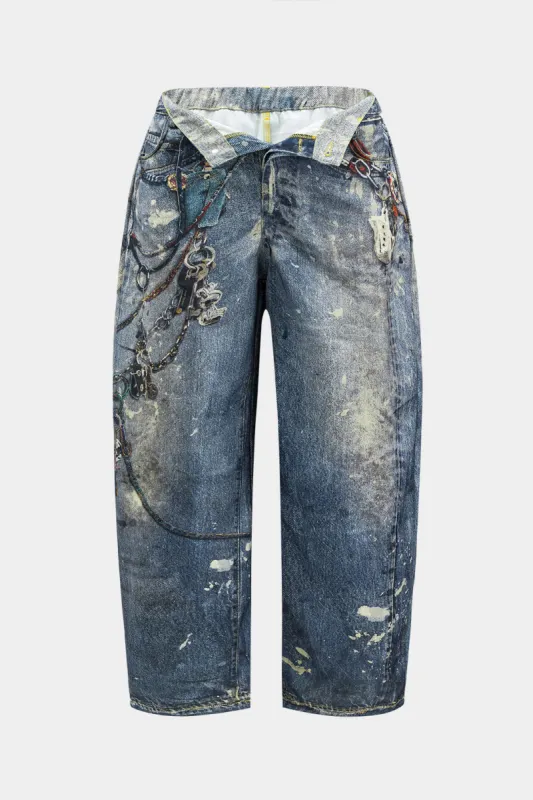 Plus størrelse abstrakt akvarelprint knap lomme bukser sold by Micas