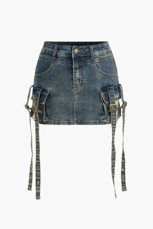 Denim knap lomme stroppet nederdel sold by Micas