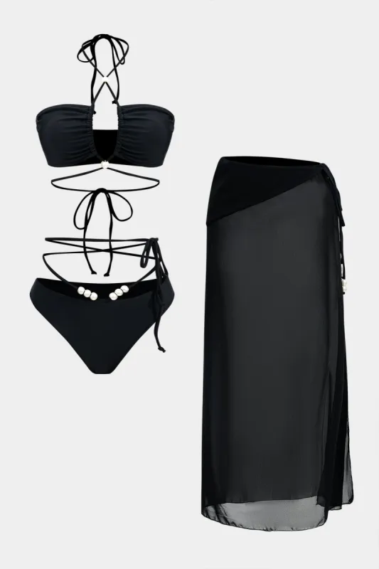 Bead Ruched Cut Out Tie-Up Bikini og Slit Cover Up Set sold by Micas