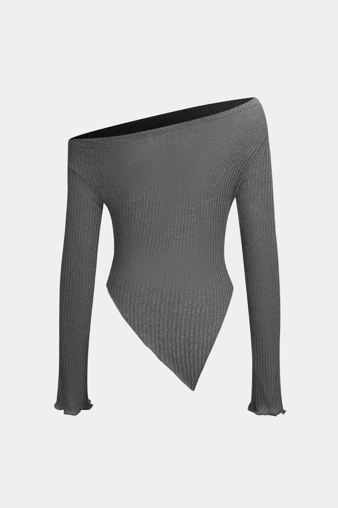 Ruched Asymmetrical Off Shoulder Langærmet top og brede benbukser sæt sold by Micas product image thumbnail 3