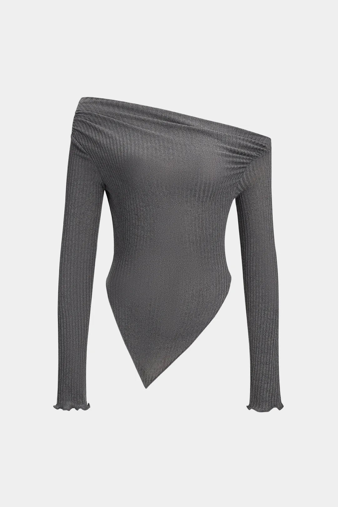 Ruched Asymmetrical Off Shoulder Langærmet top og brede benbukser sæt sold by Micas product image thumbnail 2