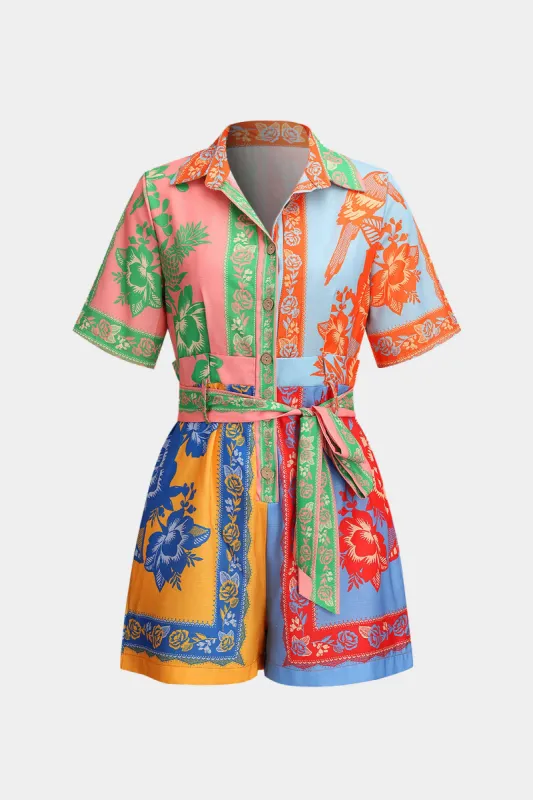 Blomstermønster linned knap tie-front kortærmet romper sold by Micas